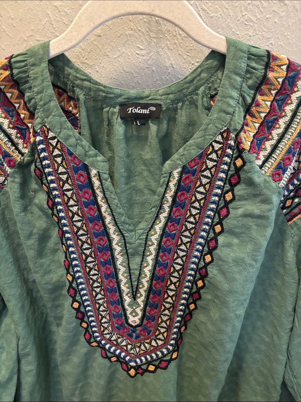Tolani Embroidered Boho Peasant‎ Tunic Top Cotton Green Women’s Size Large - Picture 2 of 8